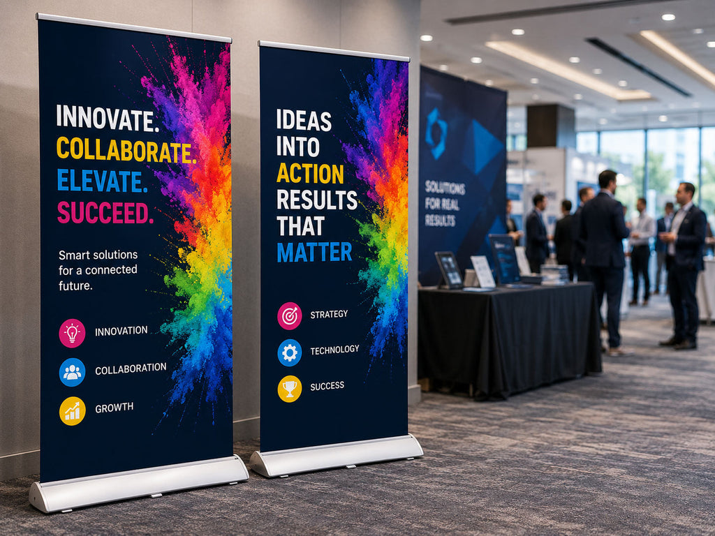 Two pull up banner stands set up side by side at a corporate conference, with delegates in the background