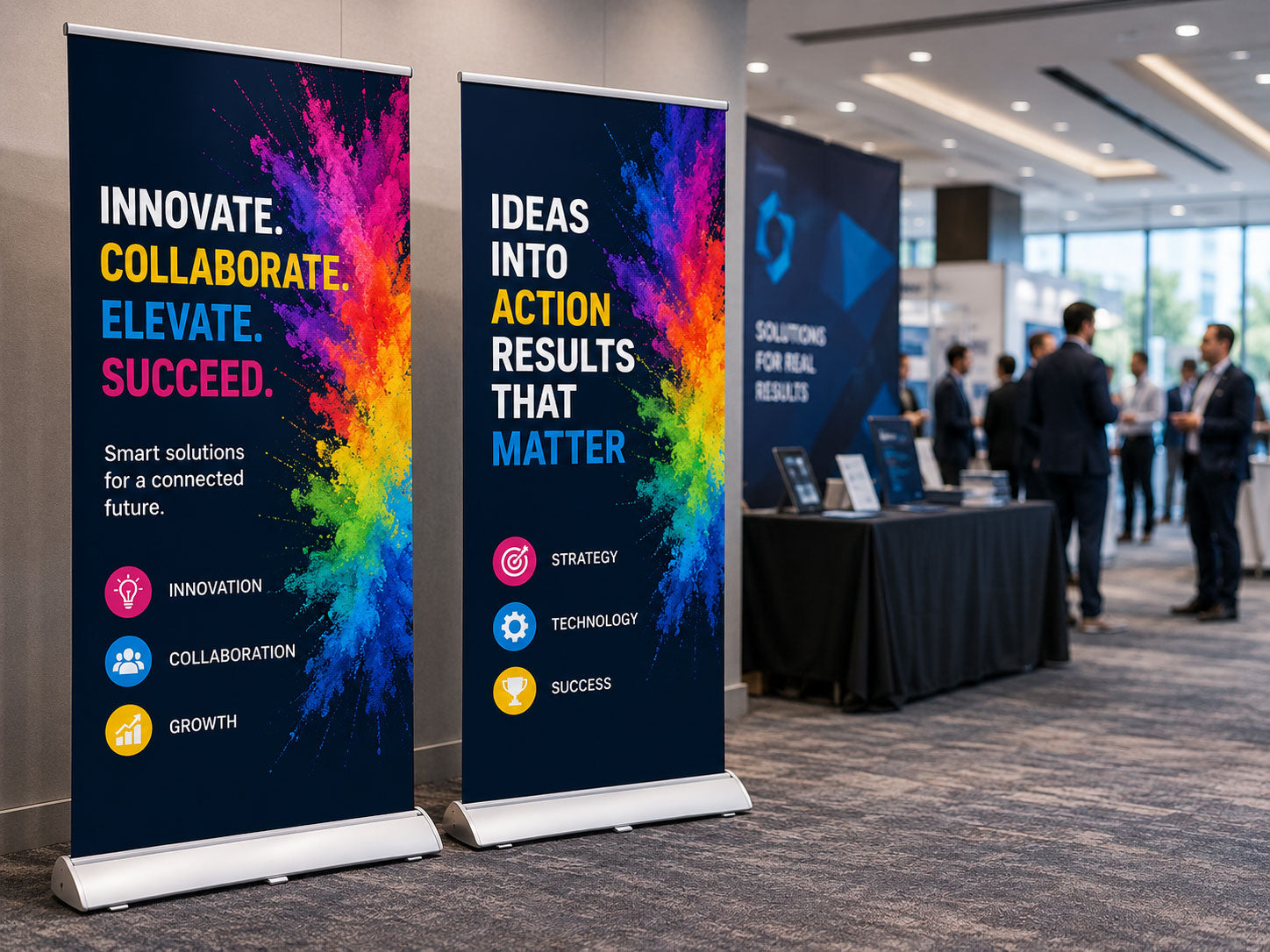 Two pull up banner stands set up side by side at a corporate conference, with delegates in the background