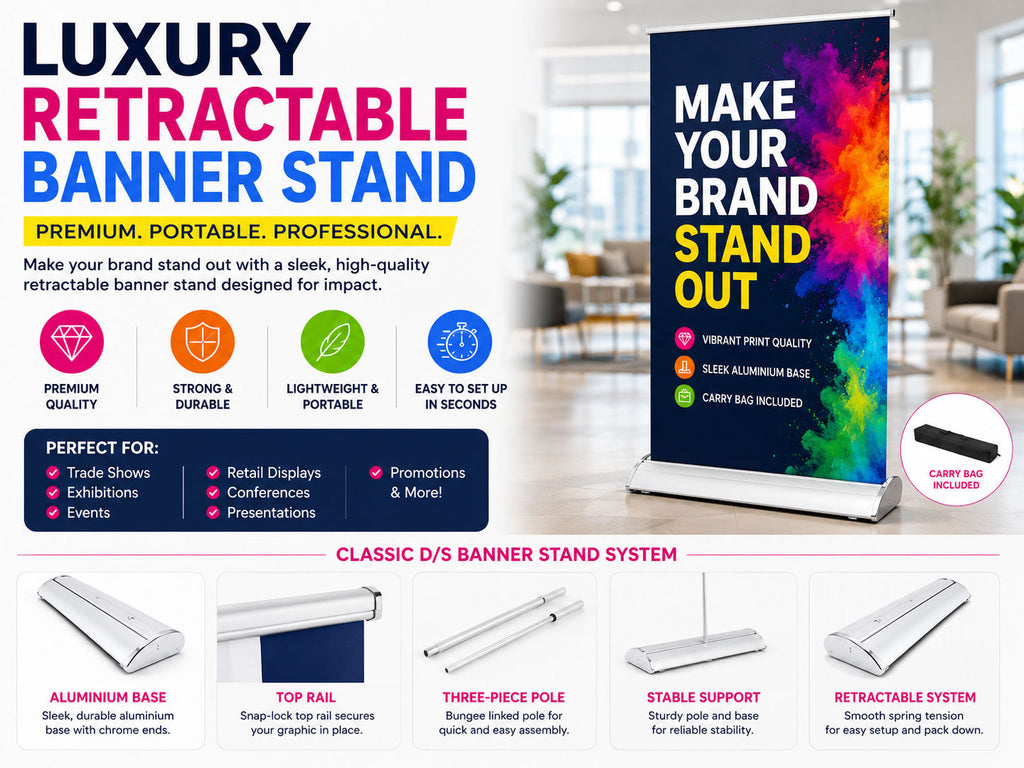 Retractable banner stand with a colourful powder burst design, shown with its aluminium base, top rail, pole and carry bag
