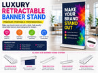 Retractable banner stand with a colourful powder burst design, shown with its aluminium base, top rail, pole and carry bag