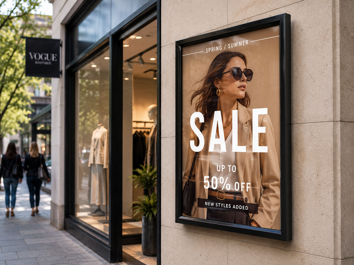 Framed sale poster mounted on the stone facade beside the entrance of a clothing boutique