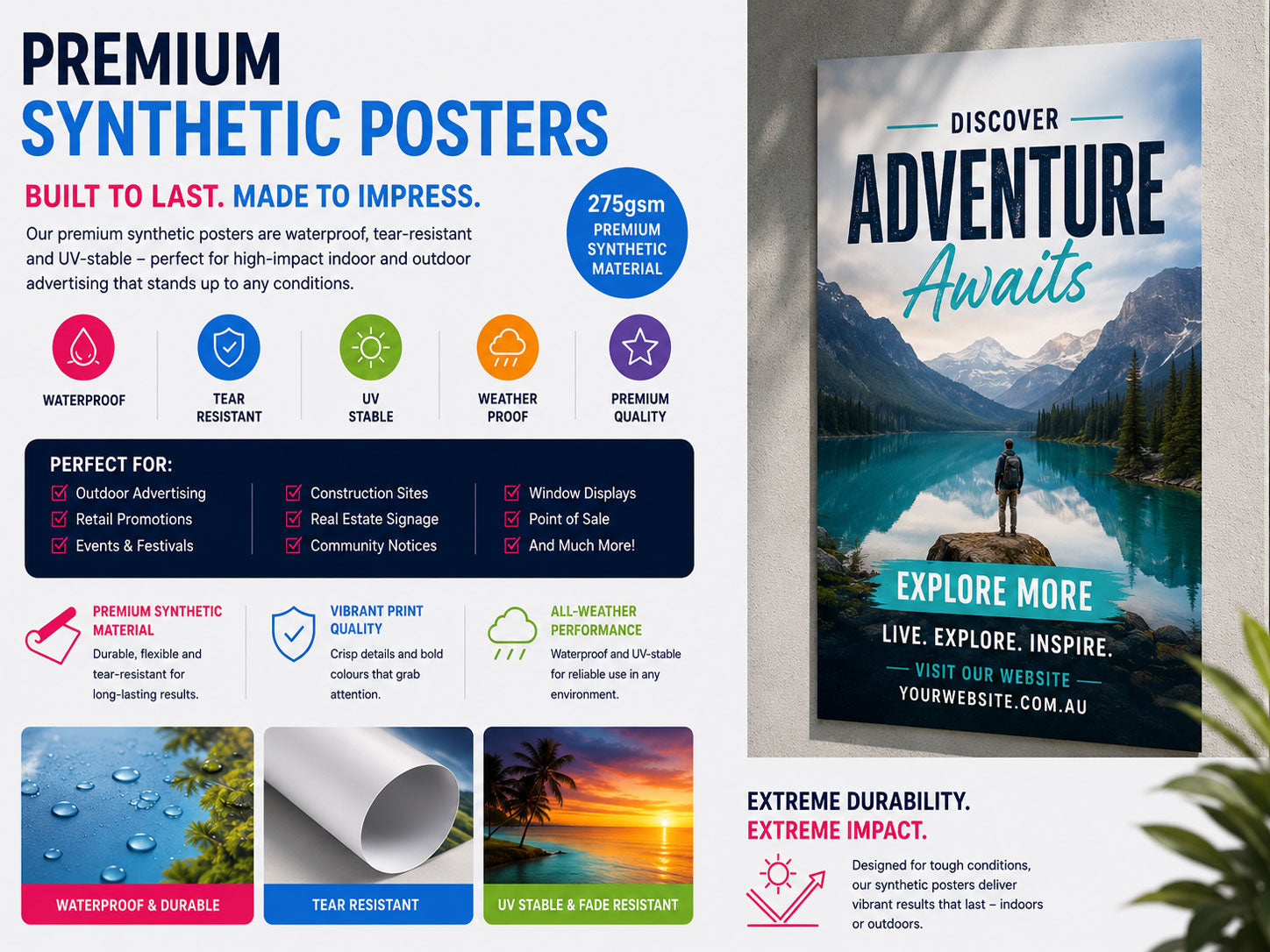 275gsm premium synthetic poster with a mountain landscape design, displayed on an outdoor wall