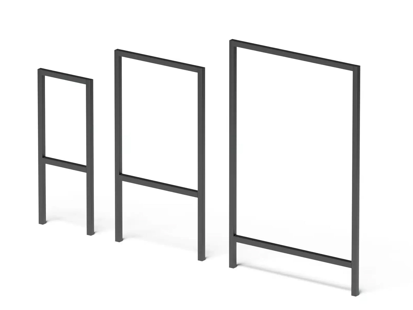Three powder coated steel sign frames in small, medium and large, standing empty against a white background