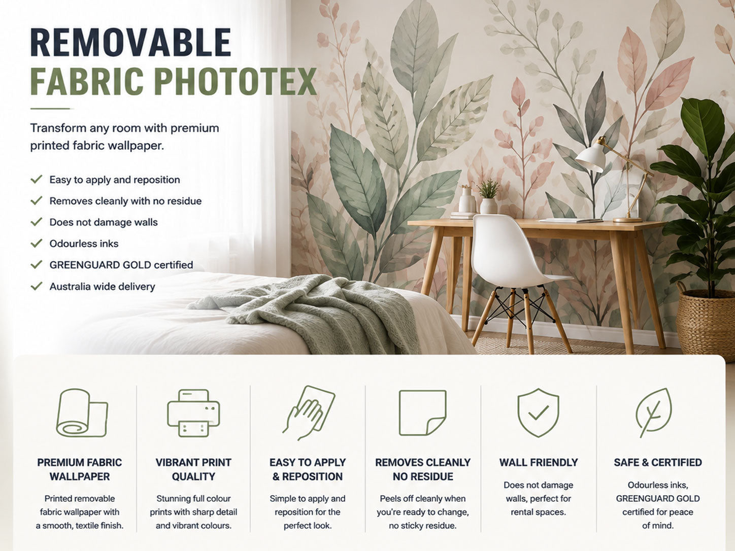 Removable fabric wallpaper in a soft botanical pattern covering a bedroom wall behind a bed and desk