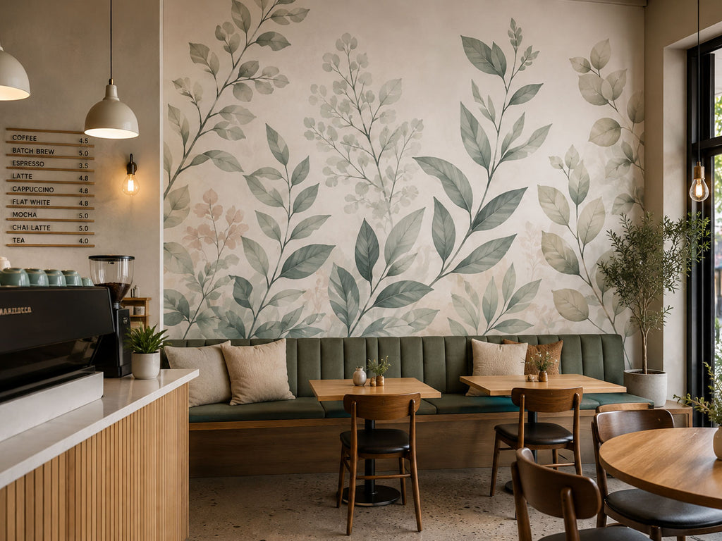 Fabric wallpaper mural of green leaves filling the wall behind the banquette seating in a cafe
