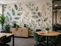 Removable fabric wall covering printed with a soft botanical leaf design across a meeting room wall