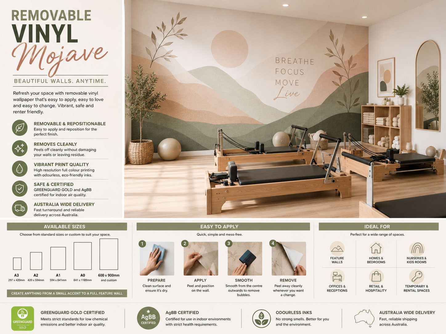 Removable vinyl wallpaper with a desert sunrise mural on the wall of a pilates studio