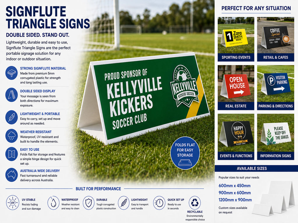 Green triangle roster sign on a sports field printed for a soccer club sponsor, alongside features and available sizes