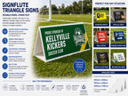 Green triangle roster sign on a sports field printed for a soccer club sponsor, alongside features and available sizes