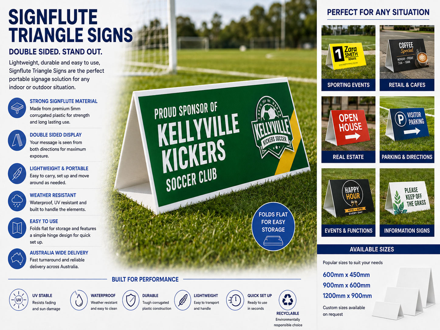 Green triangle roster sign on a sports field printed for a soccer club sponsor, alongside features and available sizes