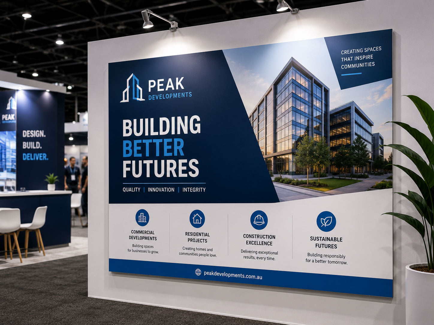 Large printed screenboard sign forming the back wall of a construction company exhibition stand