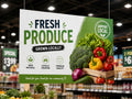 Printed screenboard sign suspended above the fresh produce section of a supermarket