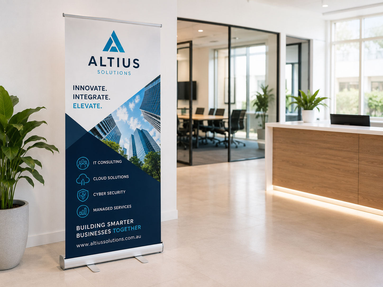 Pull up banner stand for an IT consultancy set up in an office reception beside a boardroom