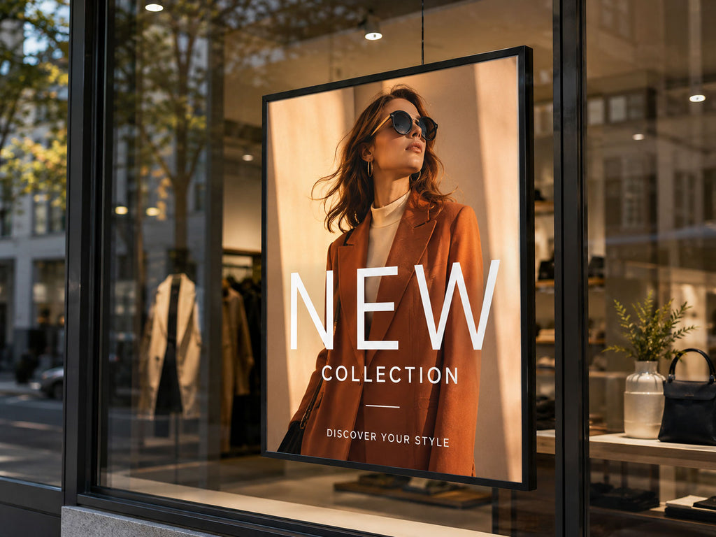 Framed synthetic poster in the window of a fashion boutique advertising a new collection