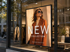 Framed synthetic poster in the window of a fashion boutique advertising a new collection