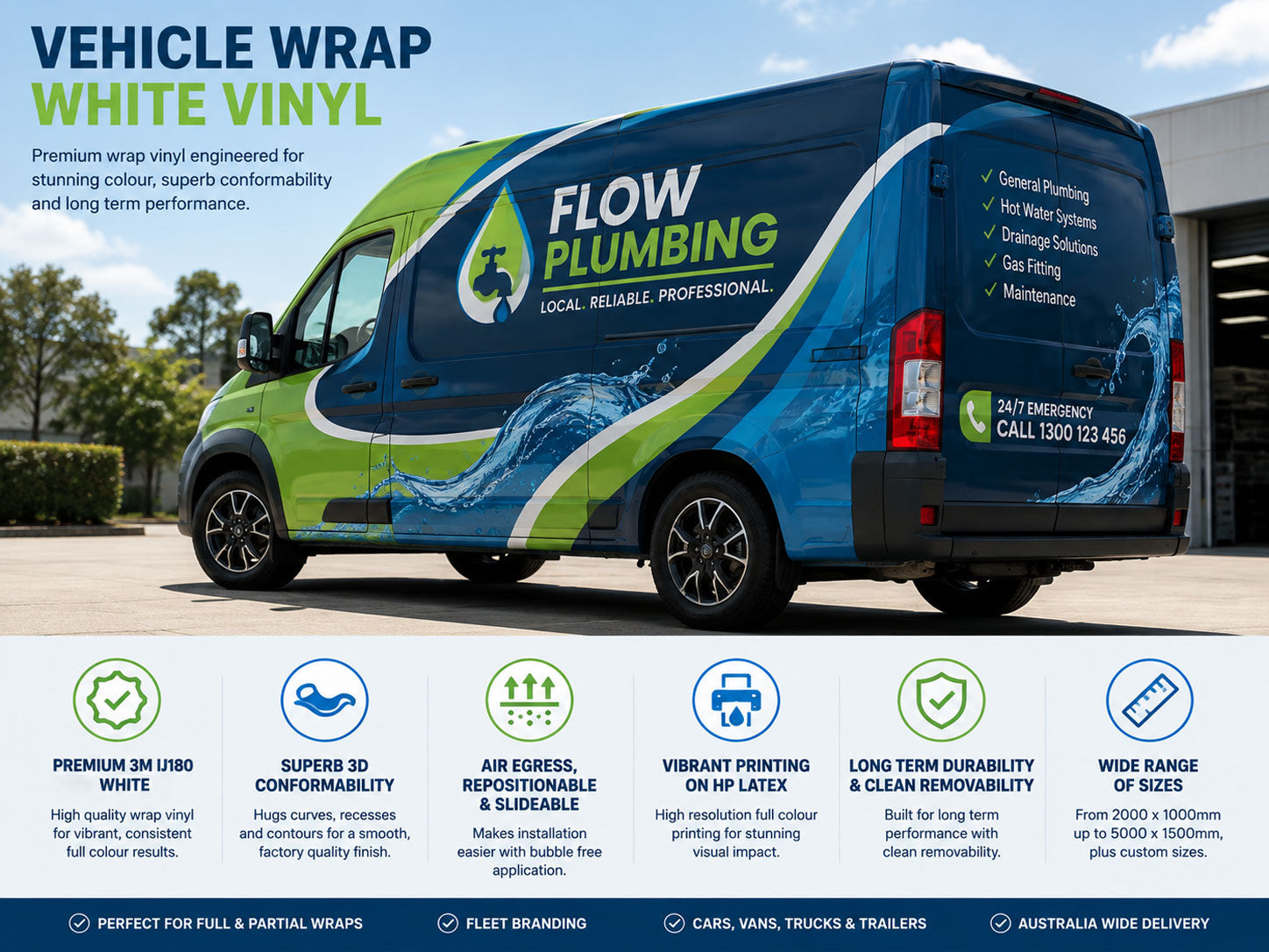 Full vehicle wrap on a plumbing company van in blue and green, with the wrap vinyl features listed alongside