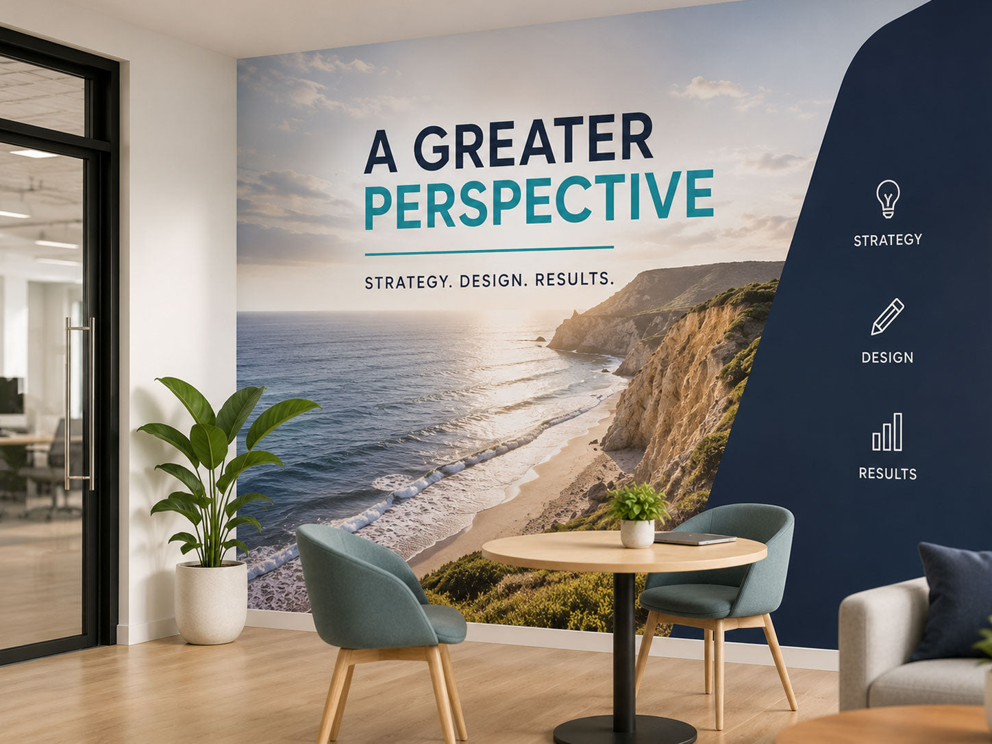 Full wall mural of a coastal clifftop scene printed on wall vinyl in an office breakout area
