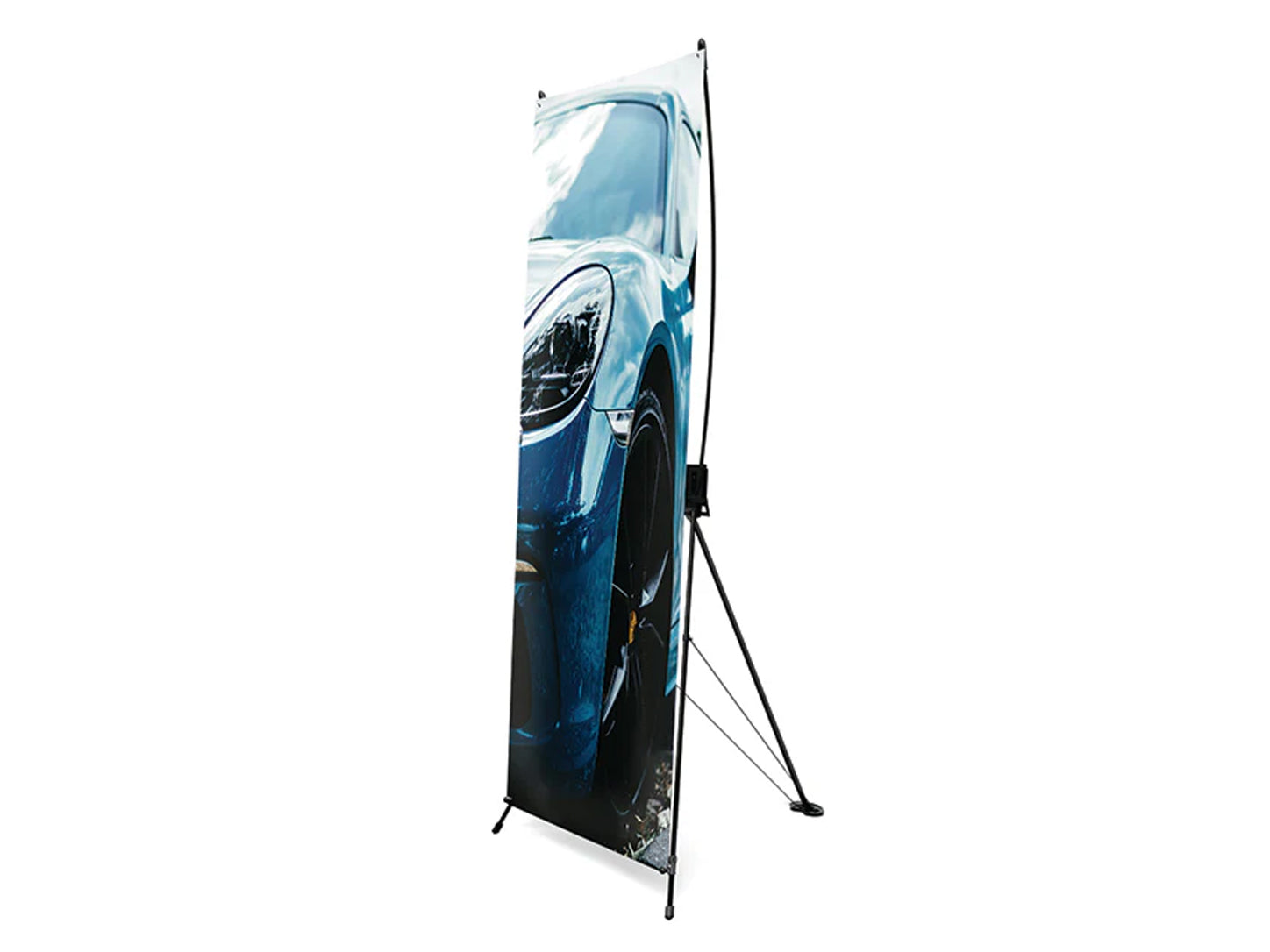 X frame tripod banner stand holding a printed banner of a blue sports car