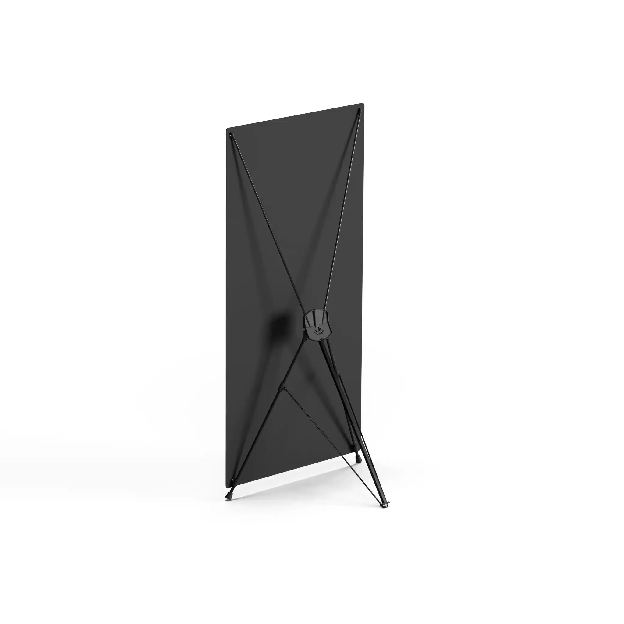X frame tripod banner stand shown from behind, with the folding X support and feet visible
