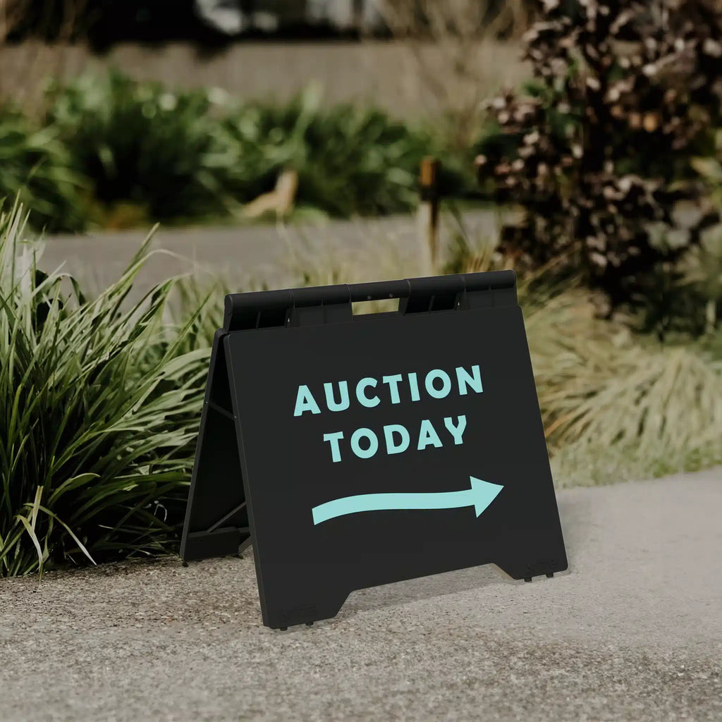 Black Evarite A-frame with an auction today message