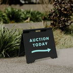 Black Evarite A-frame with an auction today message