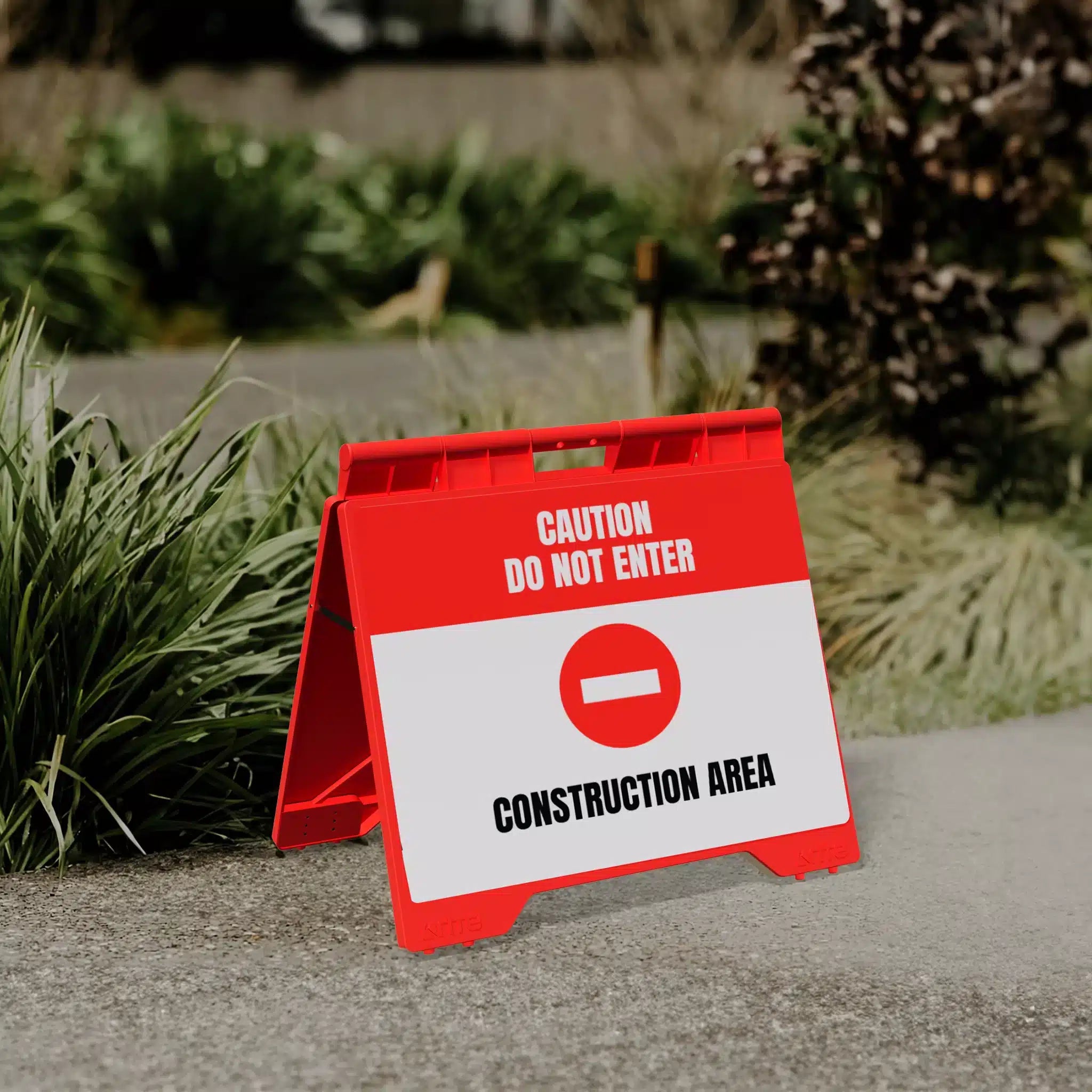 Red Evarite A-frame with a construction area warning