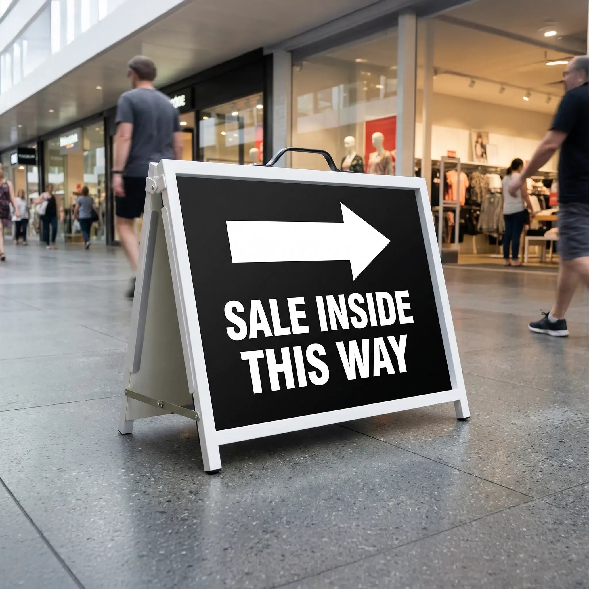 Sale sign in a flute insertable A-frame in a shopping centre