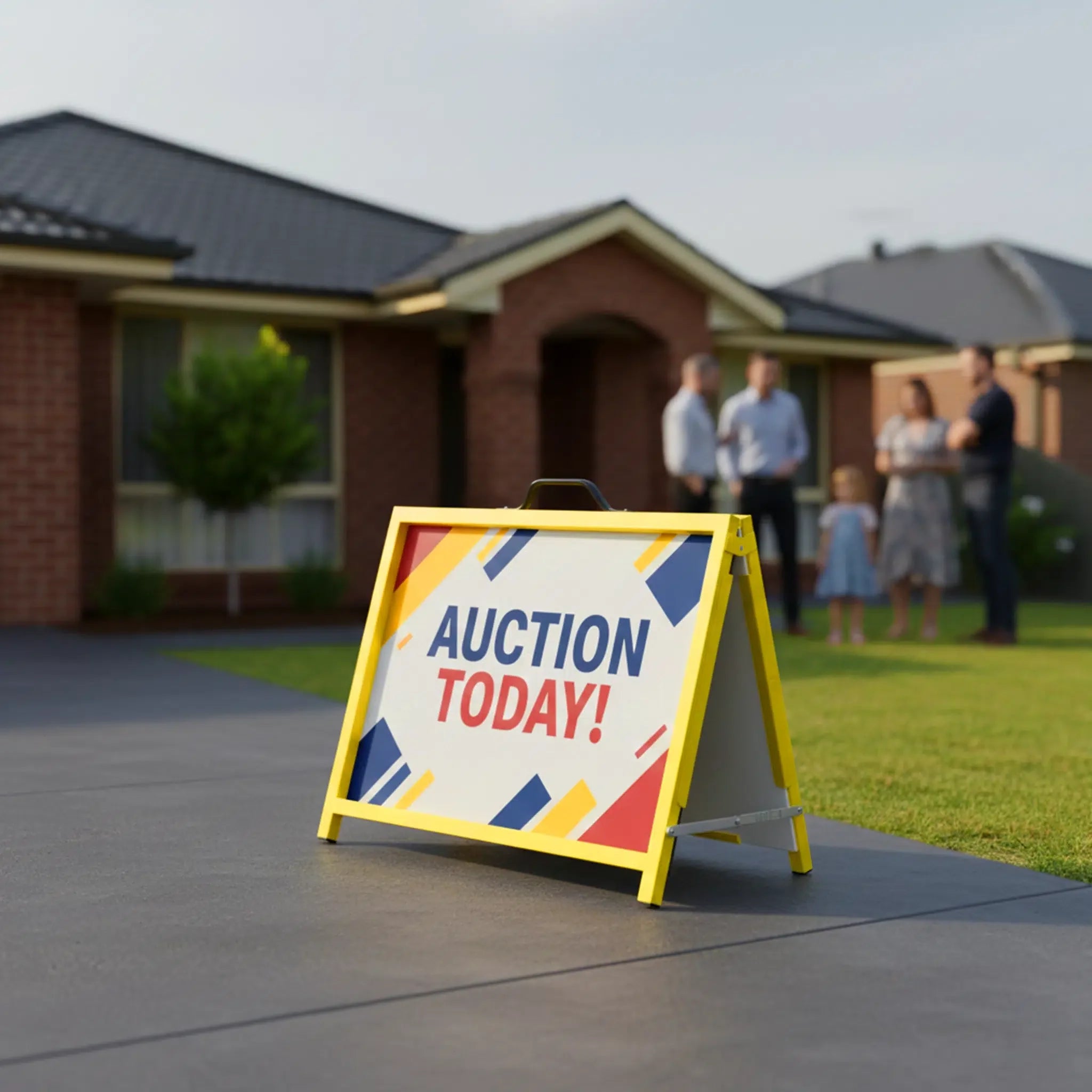 Auction today sign in a flute insertable A-frame on a lawn