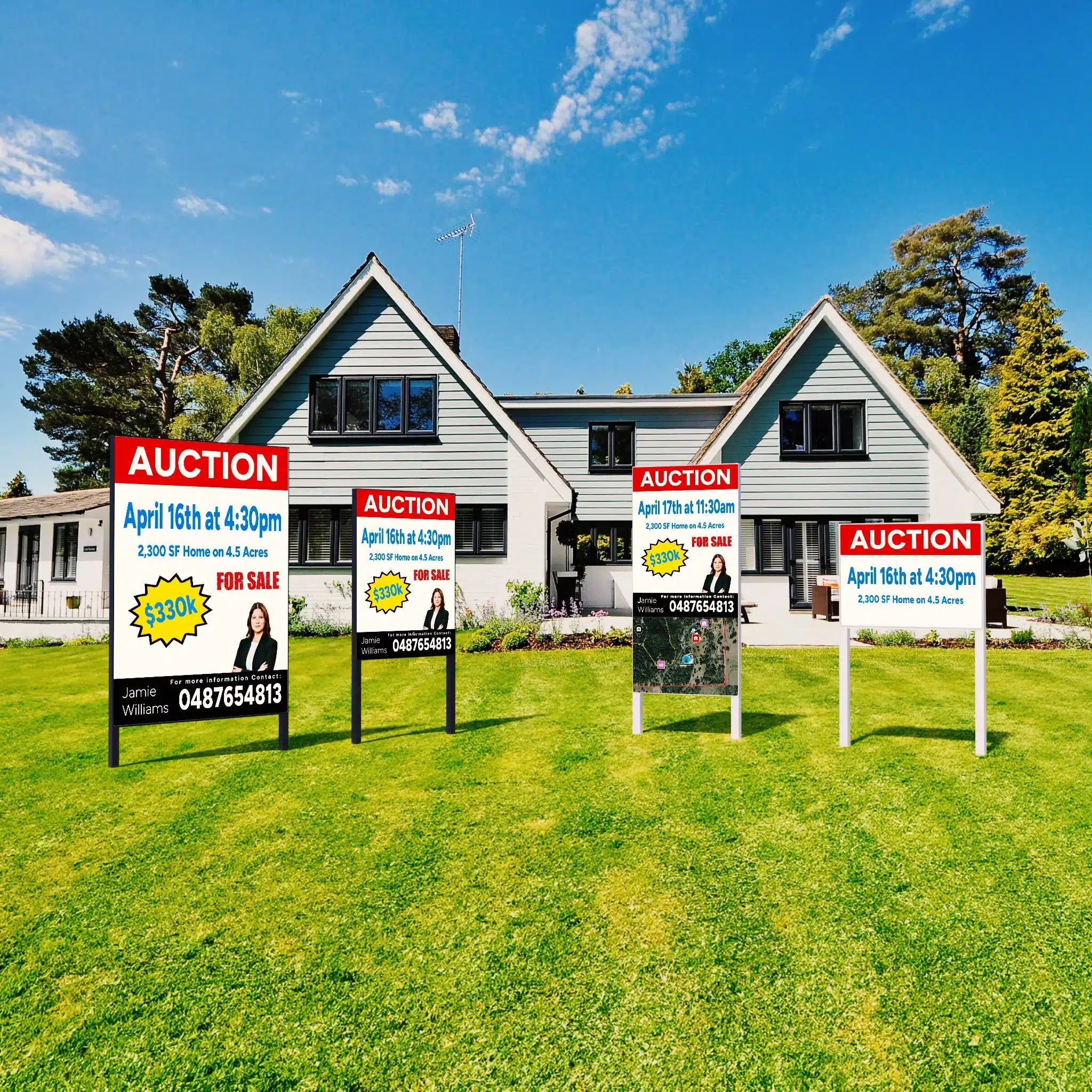 Row of Ready To Go auction signs on a front lawn