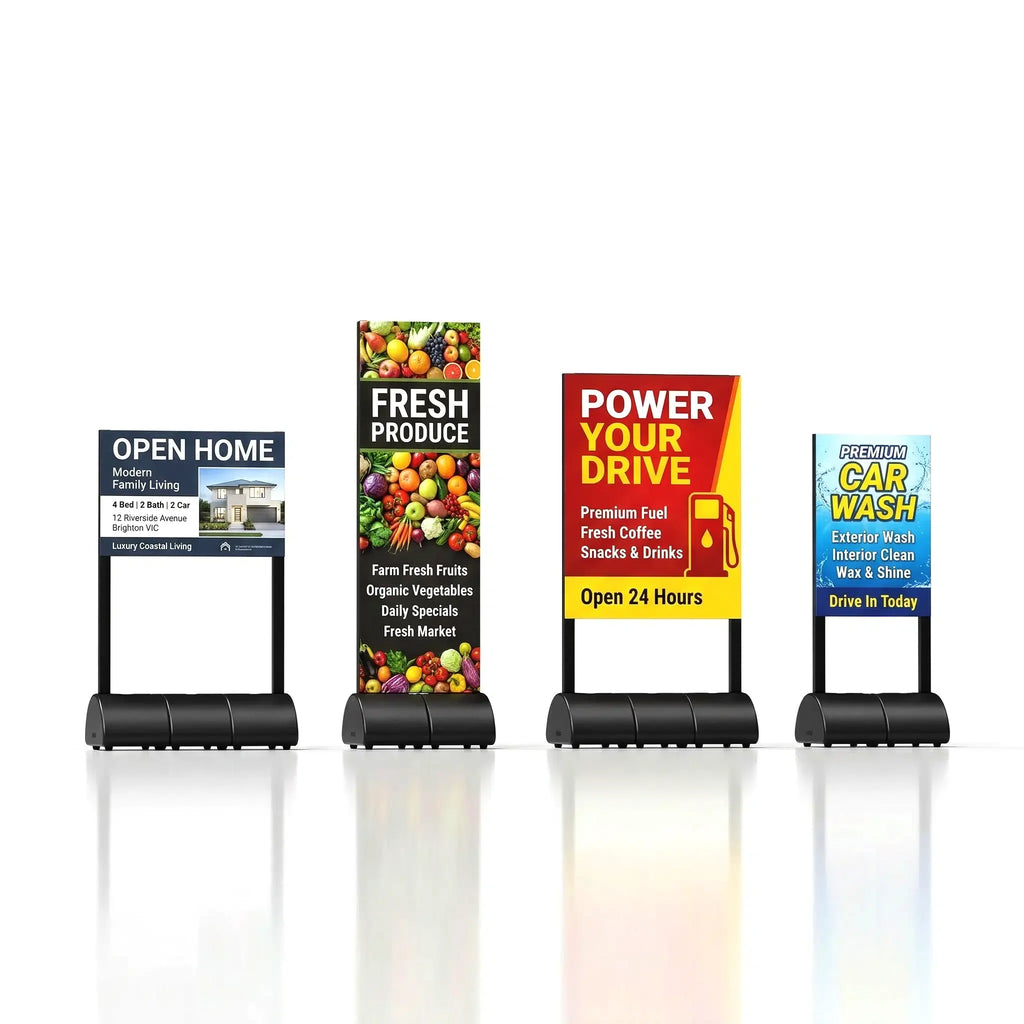 Range of sign frames mounted on water-fill bases