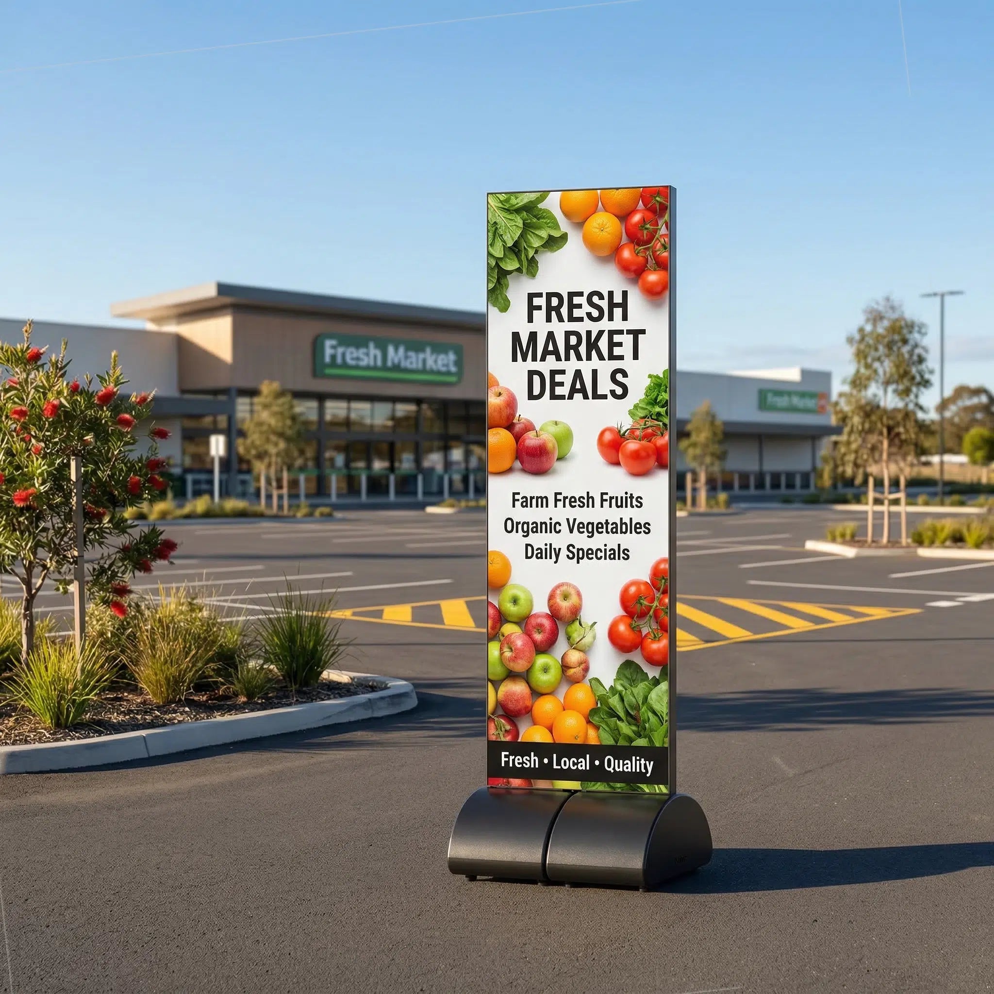 Fresh market deals sign on a water-fill base outside a supermarket