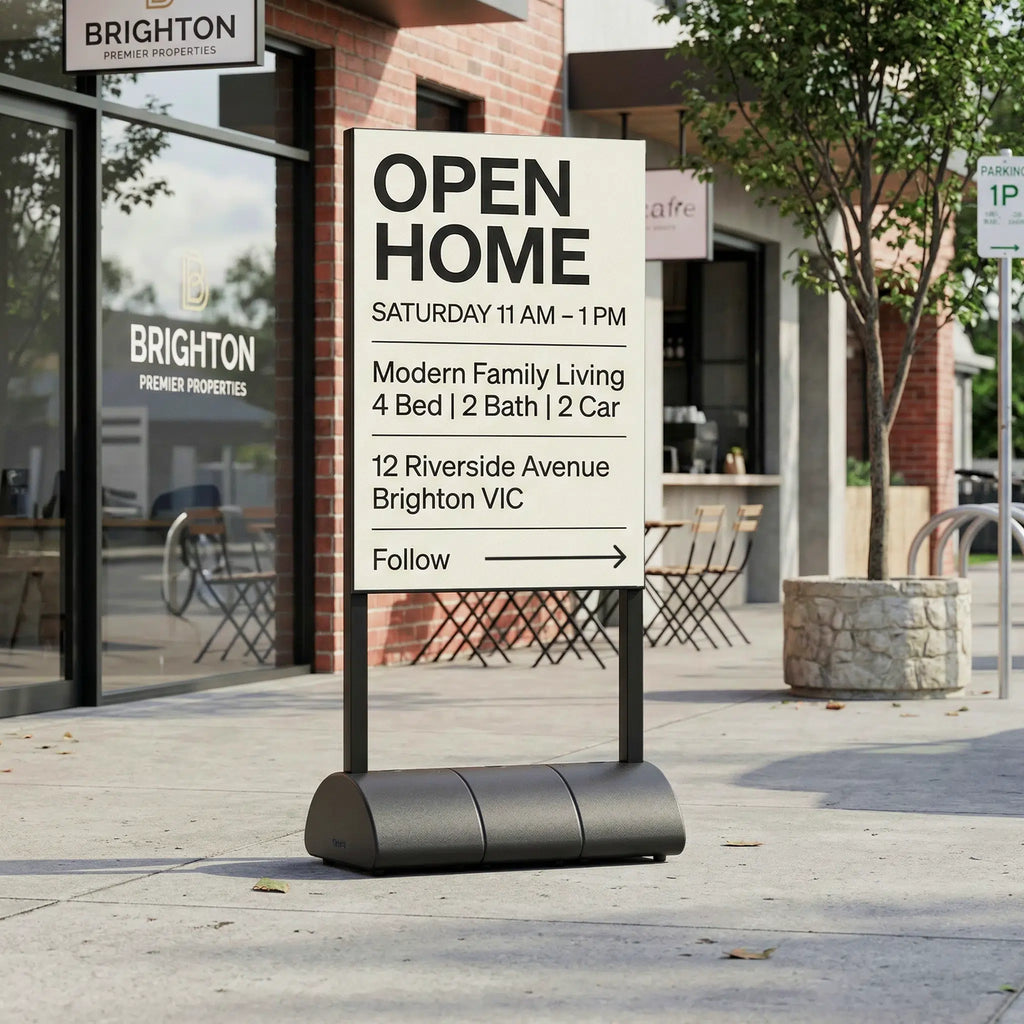 Open home sign on a water-fill base on a footpath