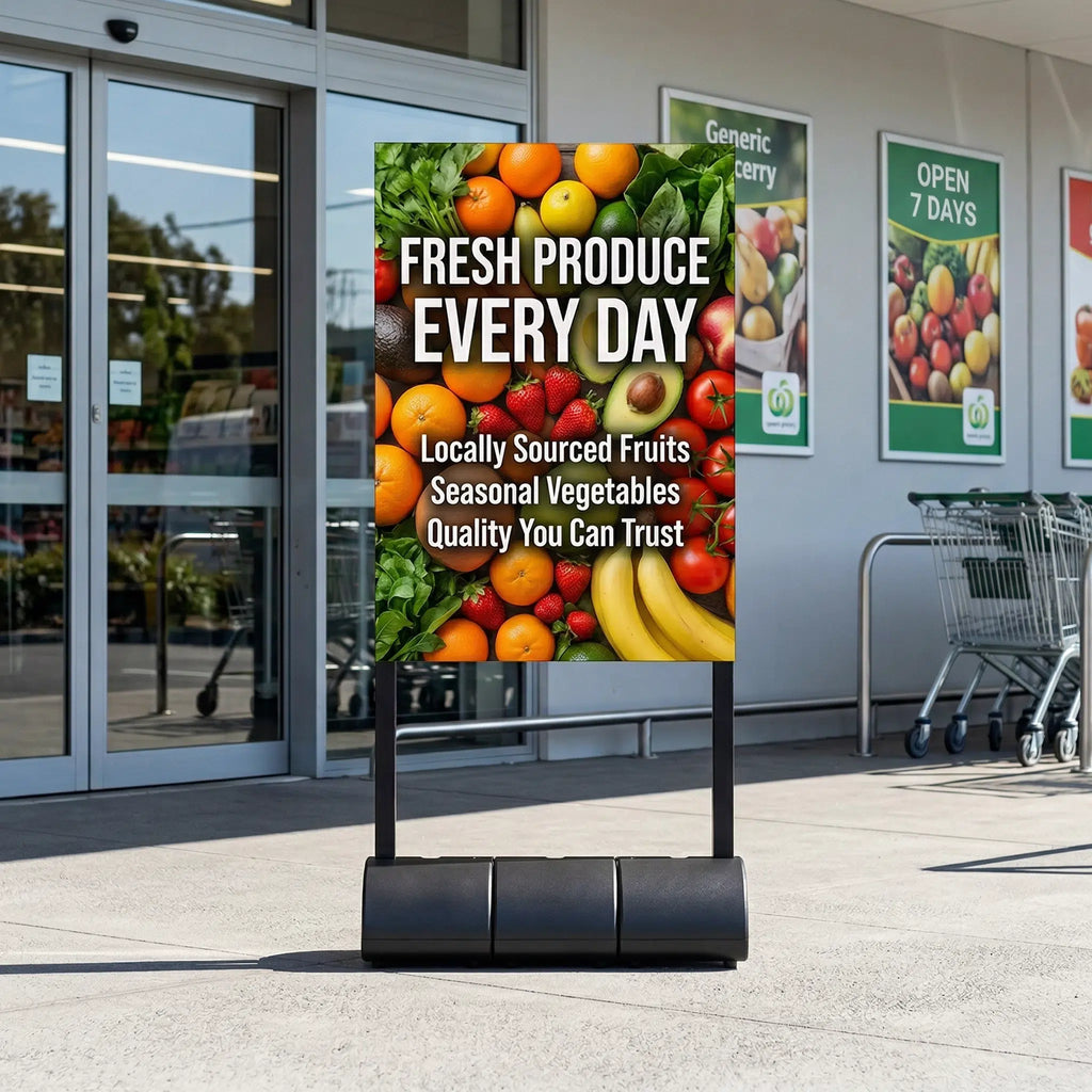 Fresh produce sign on a water-fill base at a shopfront