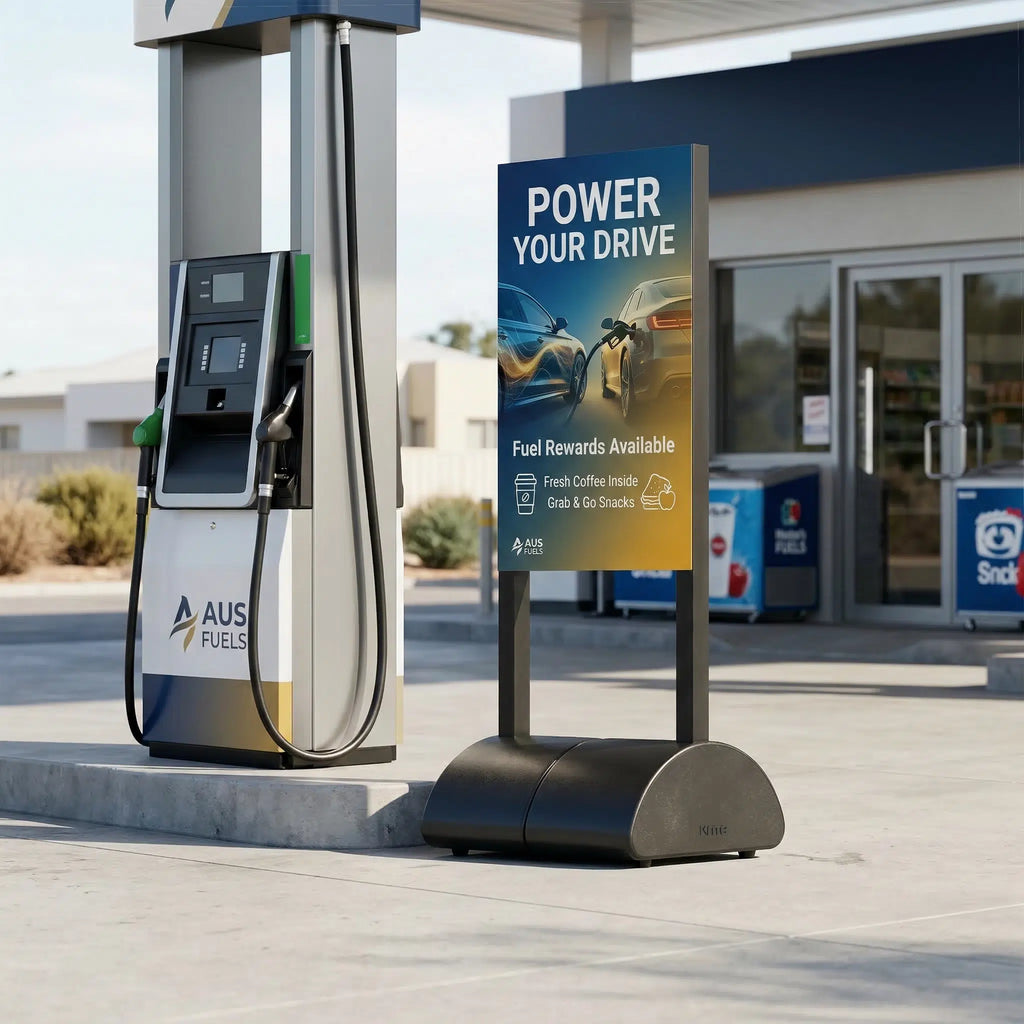 Promotional sign on a water-fill base at a service station