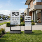 Two open home signs on water-fill bases on a nature strip