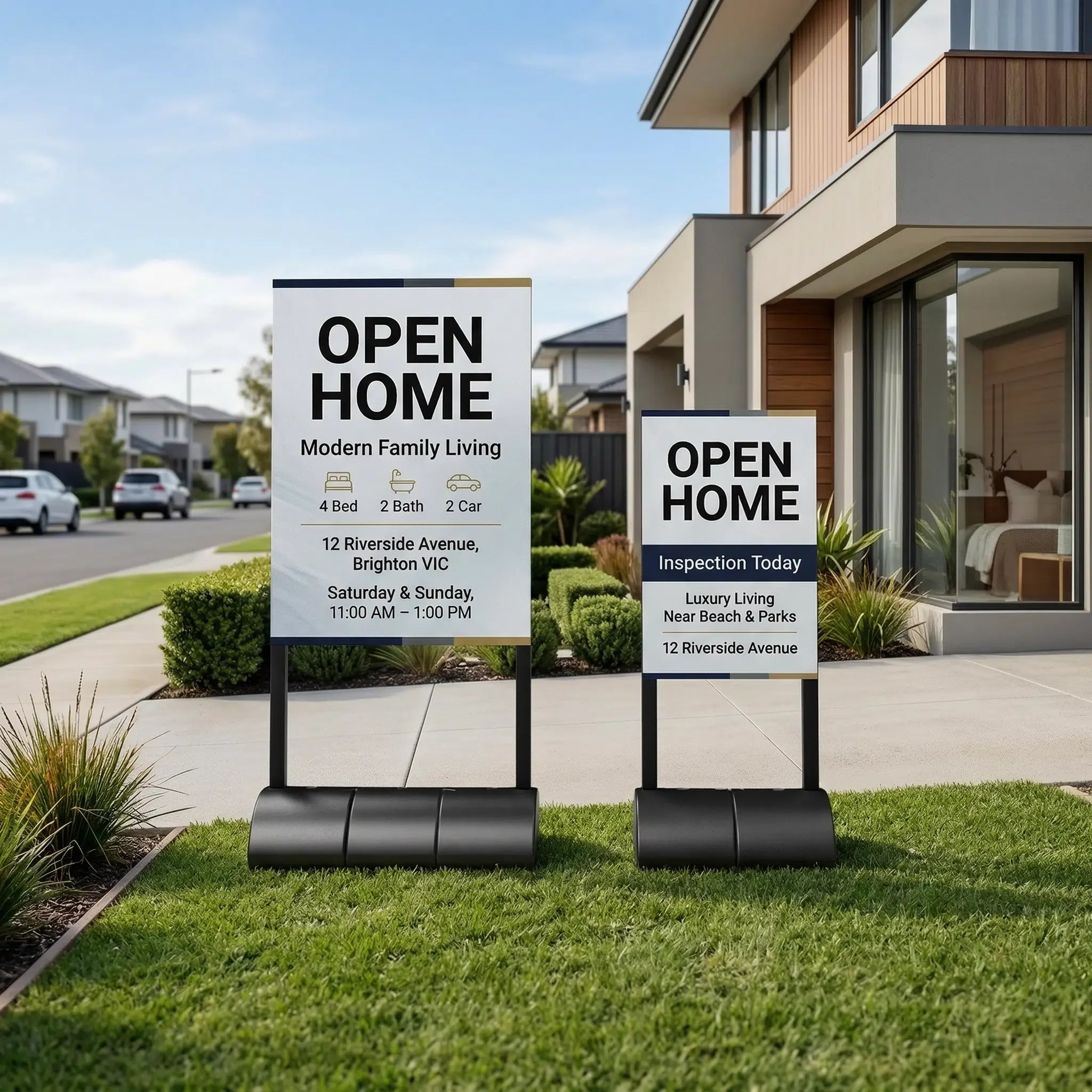 Two open home signs on water-fill bases on a nature strip