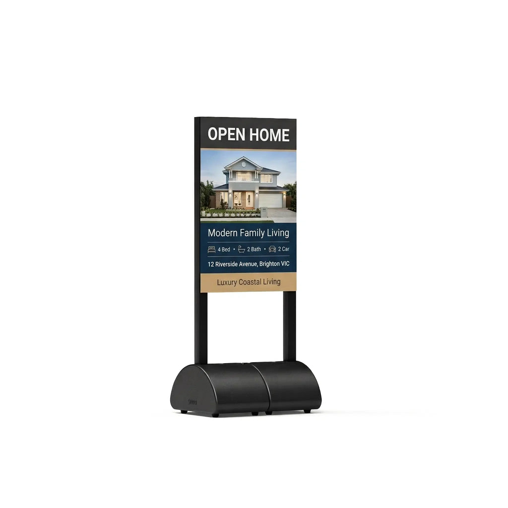 Open home sign frame on a water-fill base