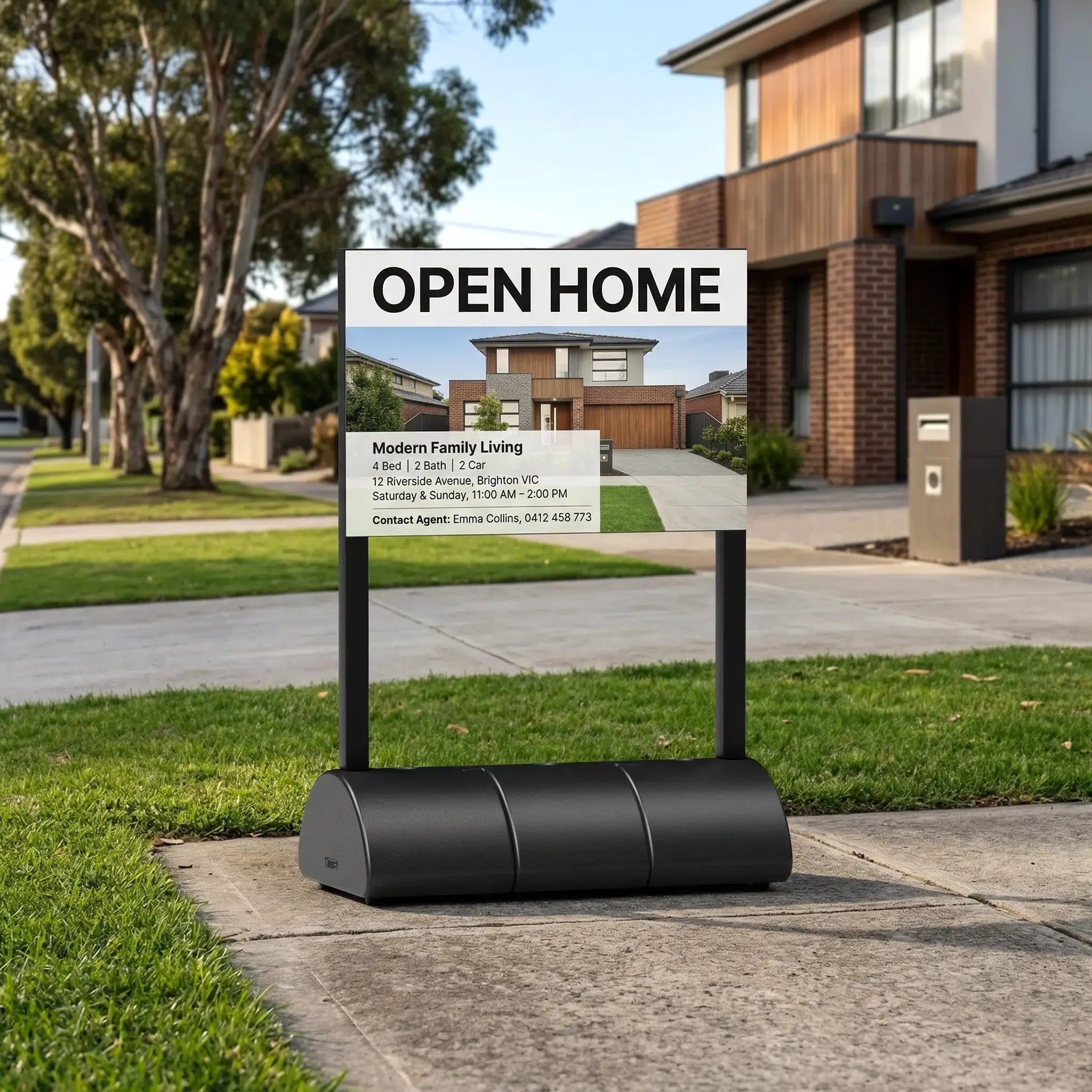 Open home sign on a water-fill base outside a house